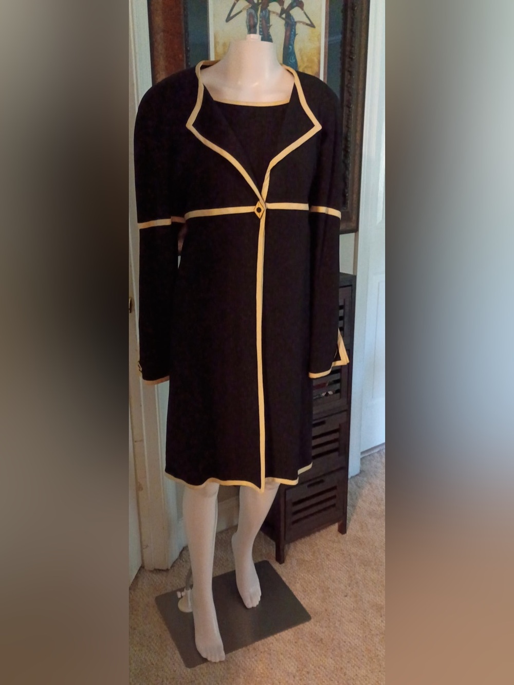 Black Sheath Mini Dress with Cream Waist Trim with Over-Coat